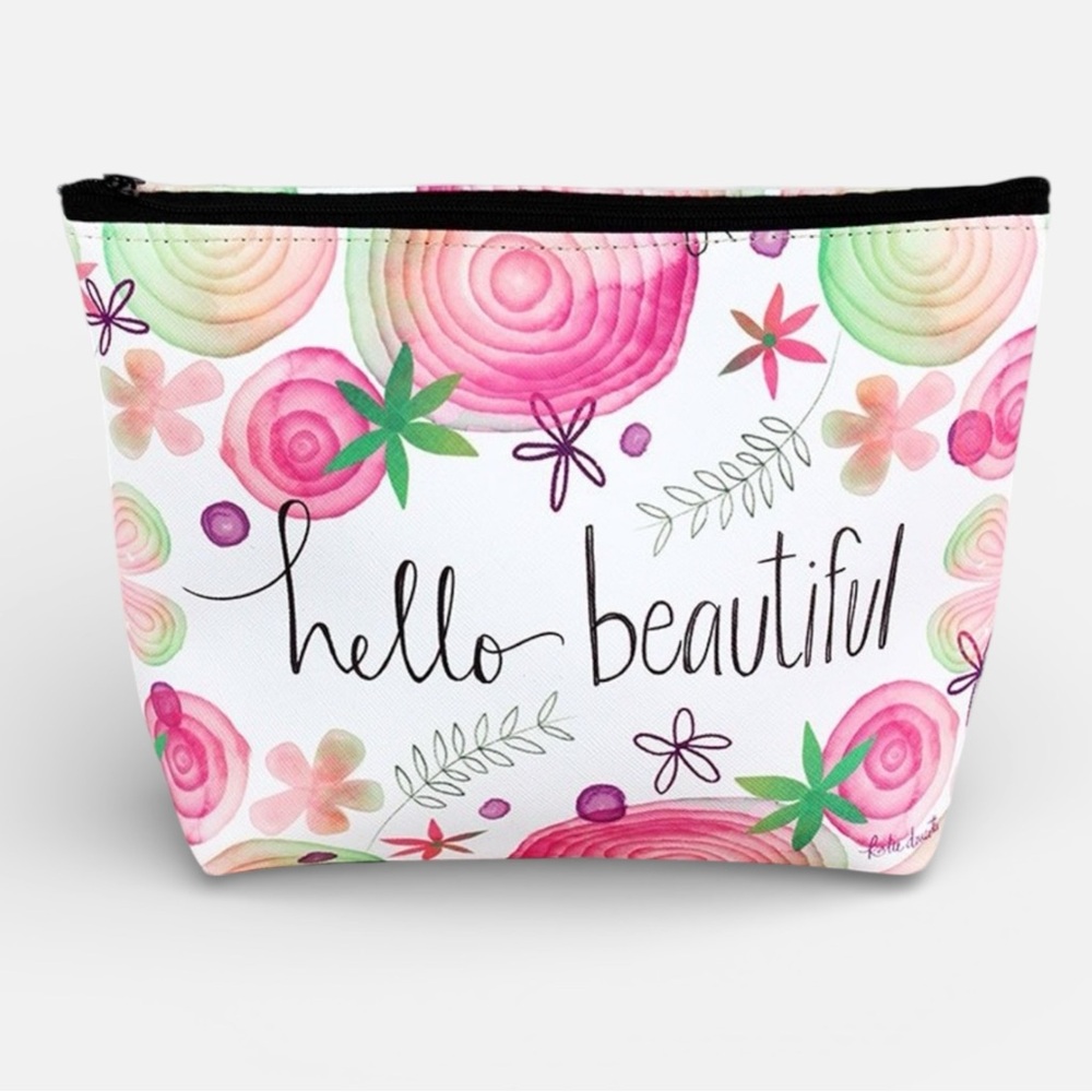 NWT “Hello Beautiful” Floral Cosmetic Bag | Inspirational Makeup Pouch